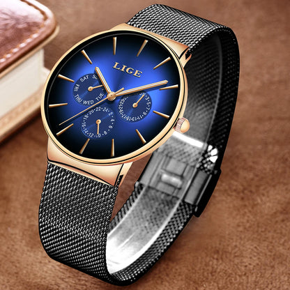Reloj de mujer LIGE, elegante y a la última: estilo deportivo e informal, correa de malla, mecanismo de cuarzo, indicador de fecha y día, resistente al agua.