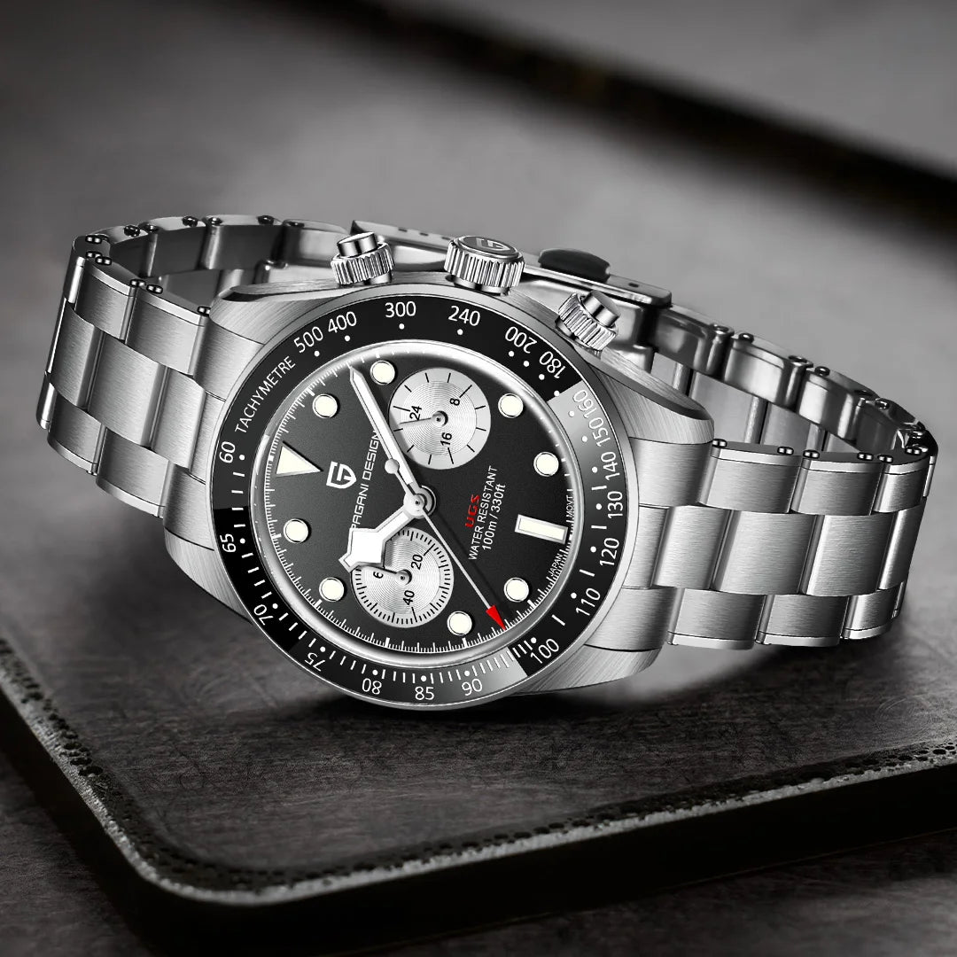 Montre pour homme PAGANI DESIGN « Panda » – Chronographe à quartz de luxe, étanche, verre saphir avec traitement antireflet, montre de sport luminescente