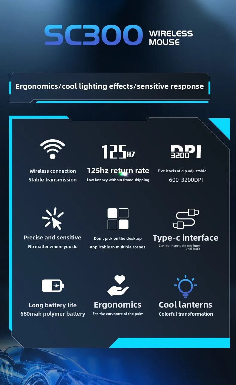 SC300 Wireless Mechanical Gaming Mouse Ergonomic RGB Backlit Rechargeable DPI Adjustable Silent Mice for Desktop Laptop Tablet