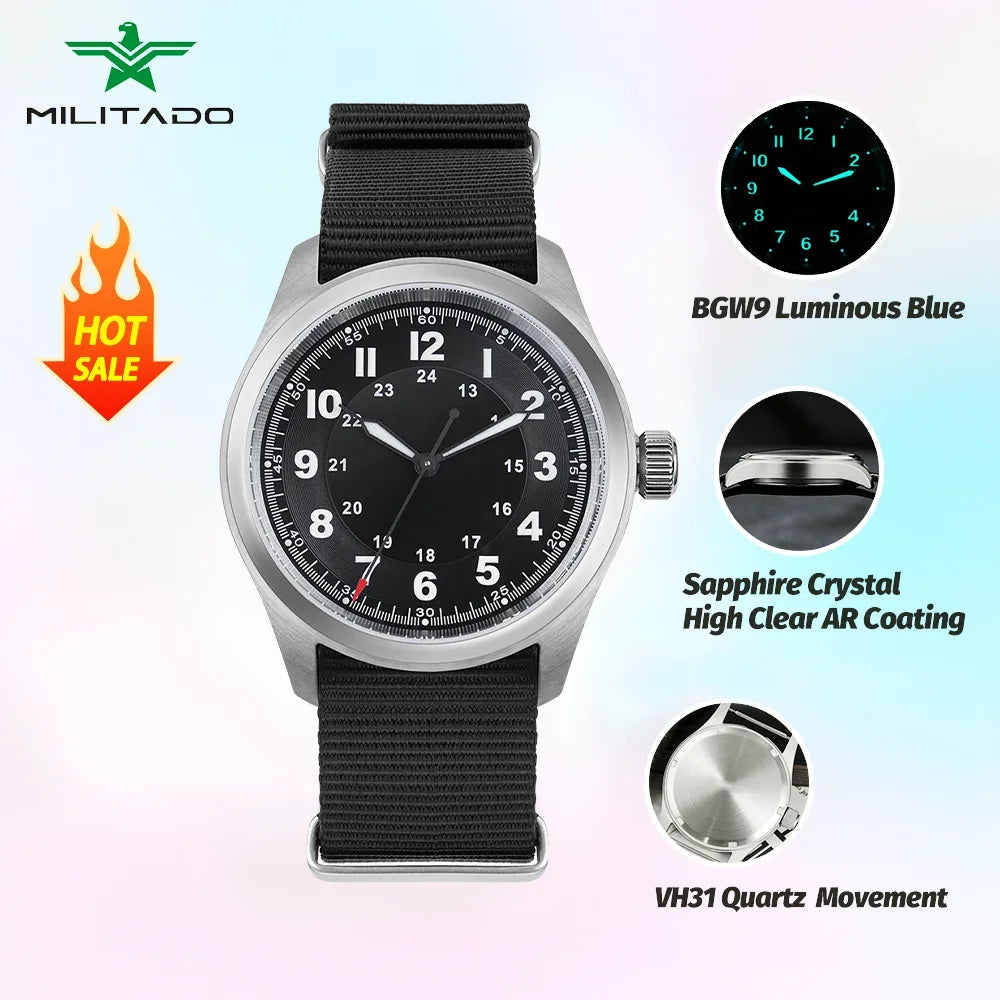Militado ML08 Vintage Black Watch VH31 Sweep Quartz Wristwatch Ar Sapphire Crystal Luminous C3 BGW9 100 Waterproof Watches Man