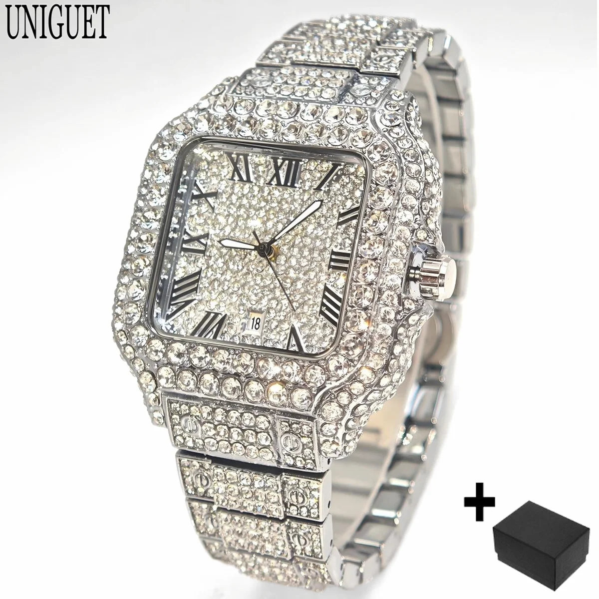 UNIGUET Cool Men's Watch Luxury Stainless Steel Quartz Watch Hip Hop Black Diamond Square Design Fashion Iced Wristwatch for Men
