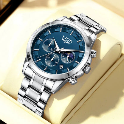 Reloj para hombre LIGE: cronógrafo de cuarzo de lujo, resistente al agua (3 bares), con agujas luminiscentes