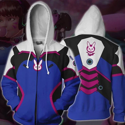 Anime stiliaus žaidimo džemperis su gobtuvu, 3D spauda, „Overwatches“ DVA DJ cosplay kostiumas, moterims, vyrams ir poroms, viršutinė striukė su gobtuvu