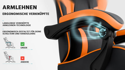 Ergonomic PU leather gaming chair with lumbar support, adjustable height and backrest, 200KG load capacity, black orange