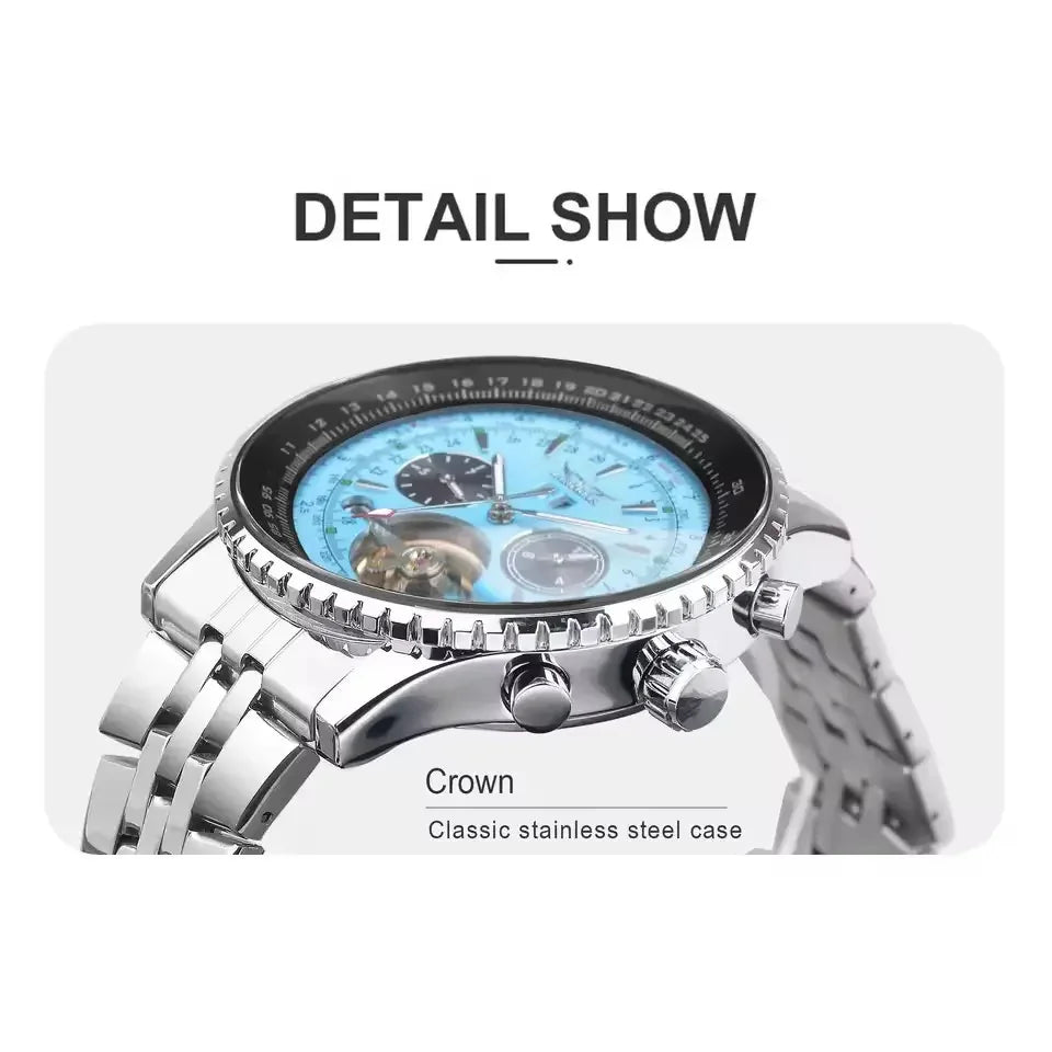 Montre mécanique automatique rétro de luxe JARAGAR 034, tourbillon, squelette creux, acier inoxydable, calendrier de la semaine, montre pour homme