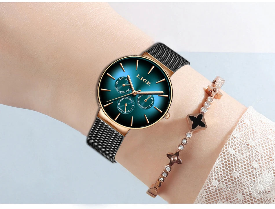 Reloj de mujer LIGE, elegante y a la última: estilo deportivo e informal, correa de malla, mecanismo de cuarzo, indicador de fecha y día, resistente al agua.