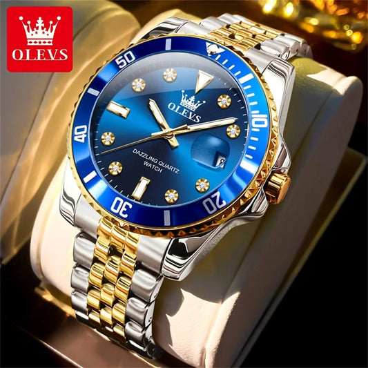 Montre pour homme OLEVS – Montre de luxe, style professionnel, étanche, avec affichage de la date, aiguilles luminescentes, boîtier en acier inoxydable et cadran bleu – Montre à quartz