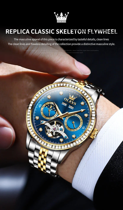 OLEVS 7016 Automatic Man Watch Stainless Steel Diamond Bezel Skeleton Flywheel Moon Phase Luminous Waterproof Mechanical Watches