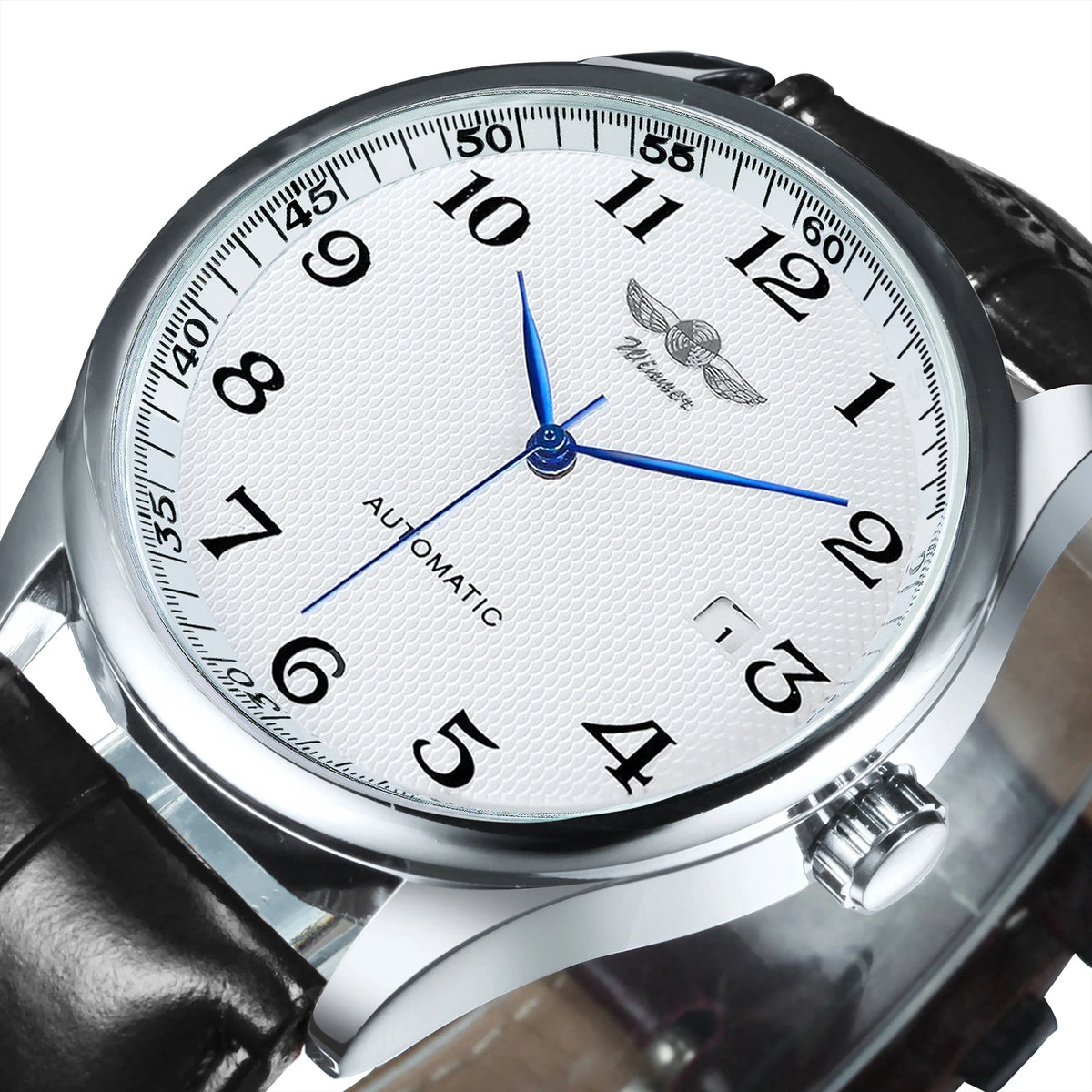 Reloj clásico para hombre: estilo retro con calendario y agujas azules, movimiento mecánico automático, marca de prestigio, caja de acero y correa de piel