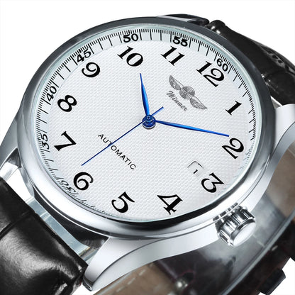 Reloj clásico para hombre: estilo retro con calendario y agujas azules, movimiento mecánico automático, marca de prestigio, caja de acero y correa de piel