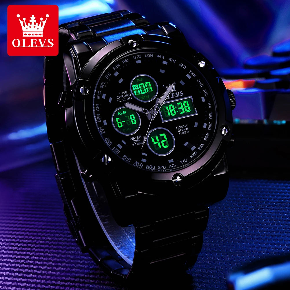 Montre pour homme OLEVS – Montre-bracelet à quartz, étanche, en acier inoxydable, avec affichage LED – Style sportif et tendance (modèle 1106)