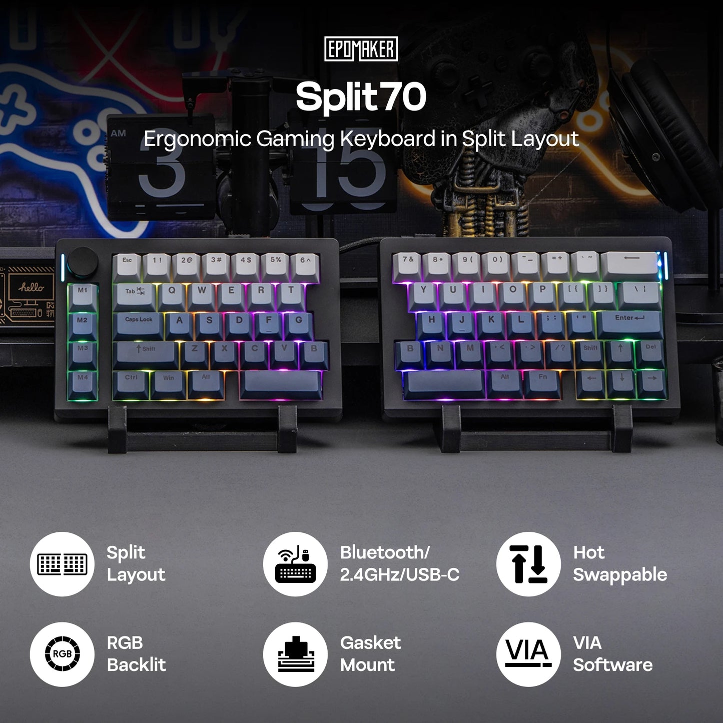 EPOMAKER Split70 QMK/VIA 70% Split Layout Wired/BT/2.4Ghz Wireless Mechanical Keyboard with Programmable Knob Mac Modifier