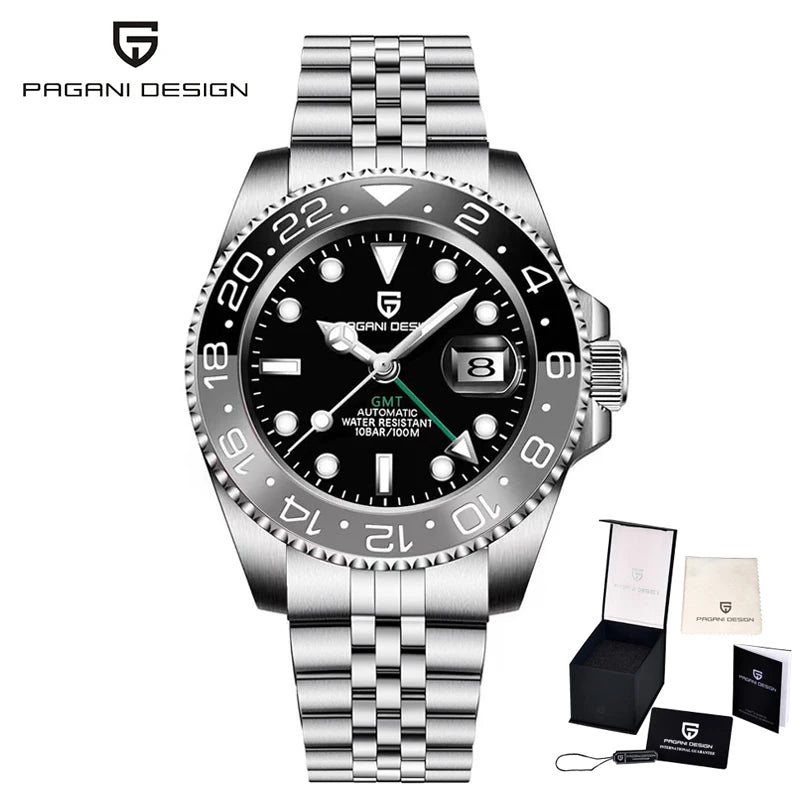 Montre mécanique pour homme Pagani Design GMT – Modèle de luxe avec verre saphir, boîtier en acier inoxydable et lunette en céramique – Montre automatique pour homme, style professionnel
