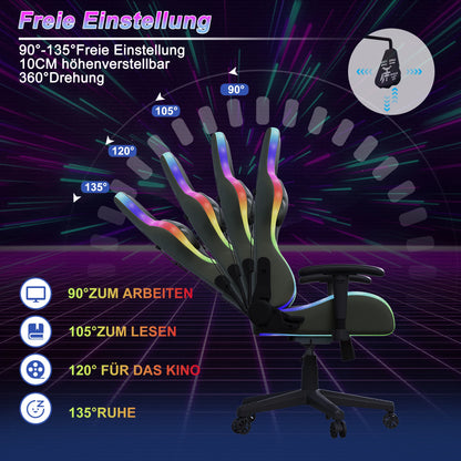 Rosahqnda Gaming Chair with Massage Function, Adjustable backrest,Computer Chair,with ambient light,Lumbar Cushion, Pillow,150 KG