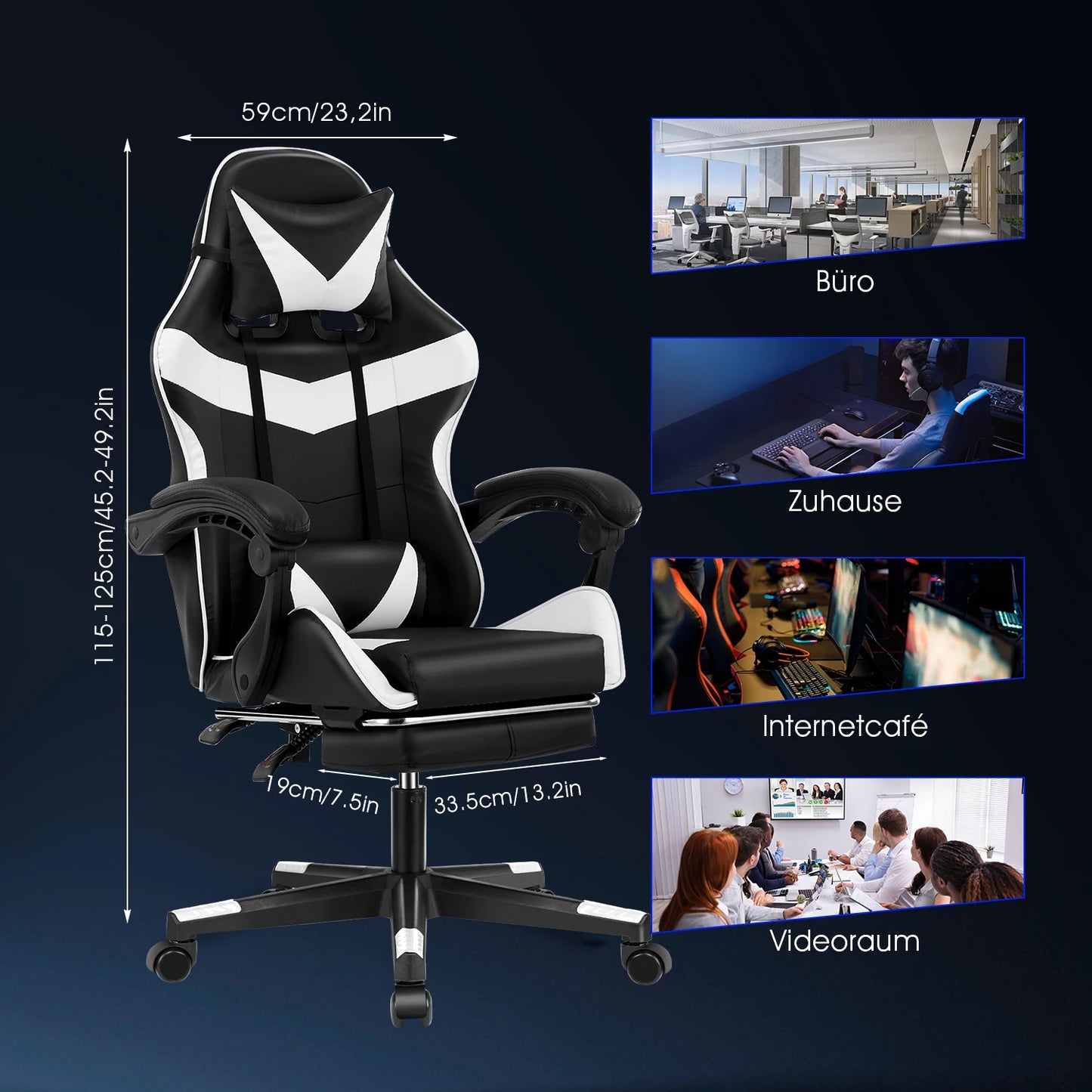 Ergonomic Gaming chair with massage function, height adjustable office chair computer chair with armrests headrests, up to 150KG