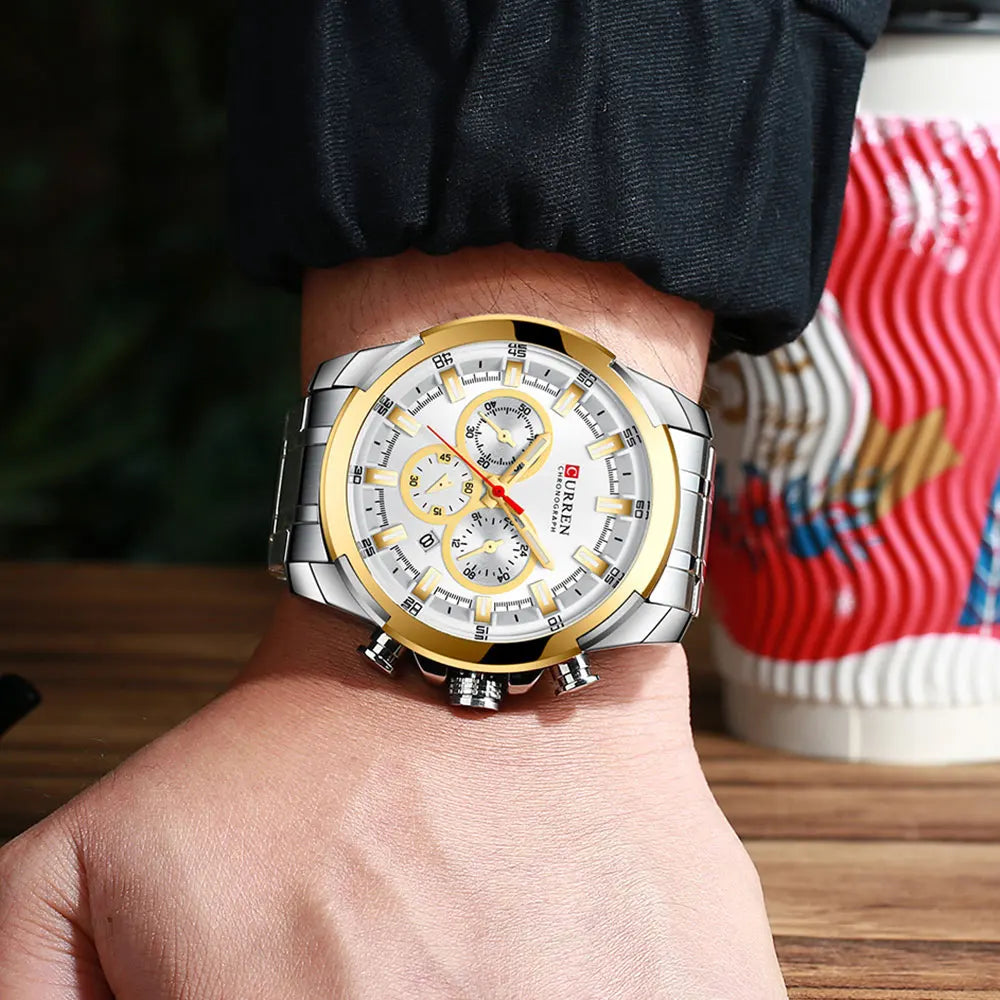 Pánské chronografové hodinky CURREN, velký ciferník o průměru 48 mm, náramek z nerezové oceli, tři pomocné ciferníky, sportovní náramkové hodinky s quartzovým strojkem, luxusní styl