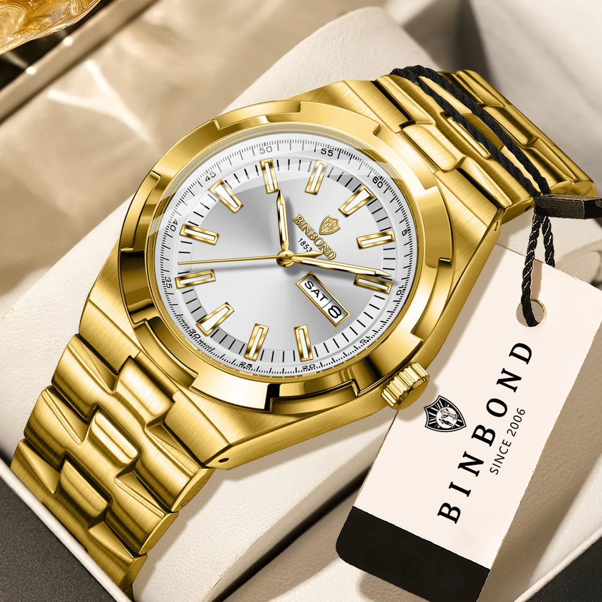 Relojes de cuarzo BINBOND de acero inoxidable para hombre – Reloj de lujo, resistente al agua y luminiscente – Modelo original para hombre