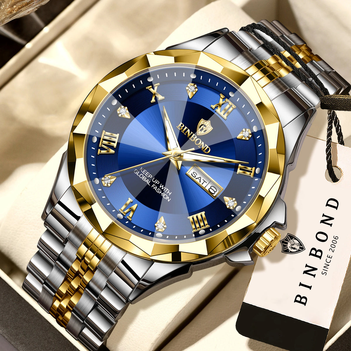 Reloj de cuarzo para hombre BINBOND: reloj de pulsera de lujo, luminiscente y resistente al agua, con indicador del día de la semana y fecha automática.