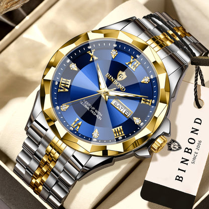 Reloj de cuarzo para hombre BINBOND: reloj de pulsera de lujo, luminiscente y resistente al agua, con indicador del día de la semana y fecha automática.