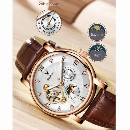 Montre mécanique automatique de luxe pour homme, signée par une grande marque, dotée d'un tourbillon, d'une phase de lune et de diamants – une montre-bracelet élégante.