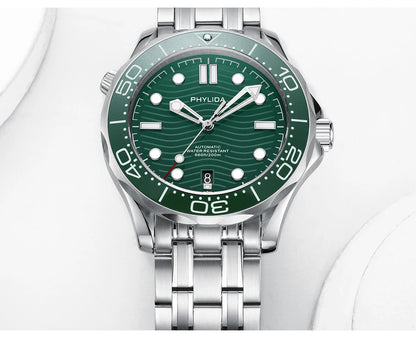 PHYLIDA New Green Dial PT5000 MIYOTA Automatic Watch DIVER 200M Sapphire Crystal Solid Bracelet WR 20Bar