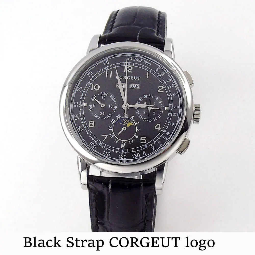 Corgeut Multi Functional Watch Automatic Mechanical Watch for Men 42mm Day Date Month Year Day/Night ST1655 Movt Polished Case