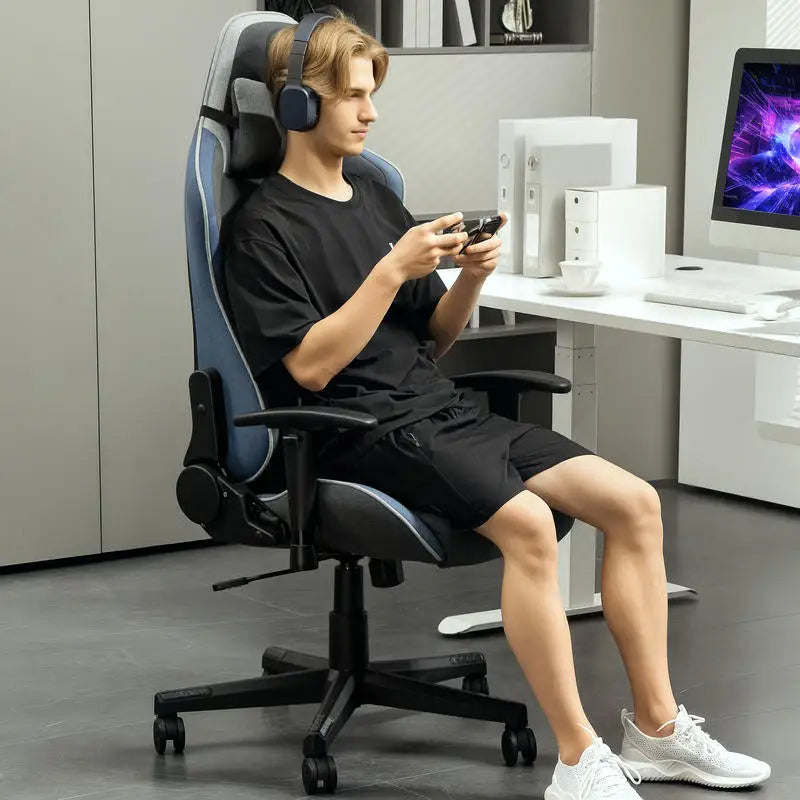 Gaming Chair Reclining 150 °   With Rocking Function, in Linen Effect Fabric, 66X53X128-138 Cm, Gray