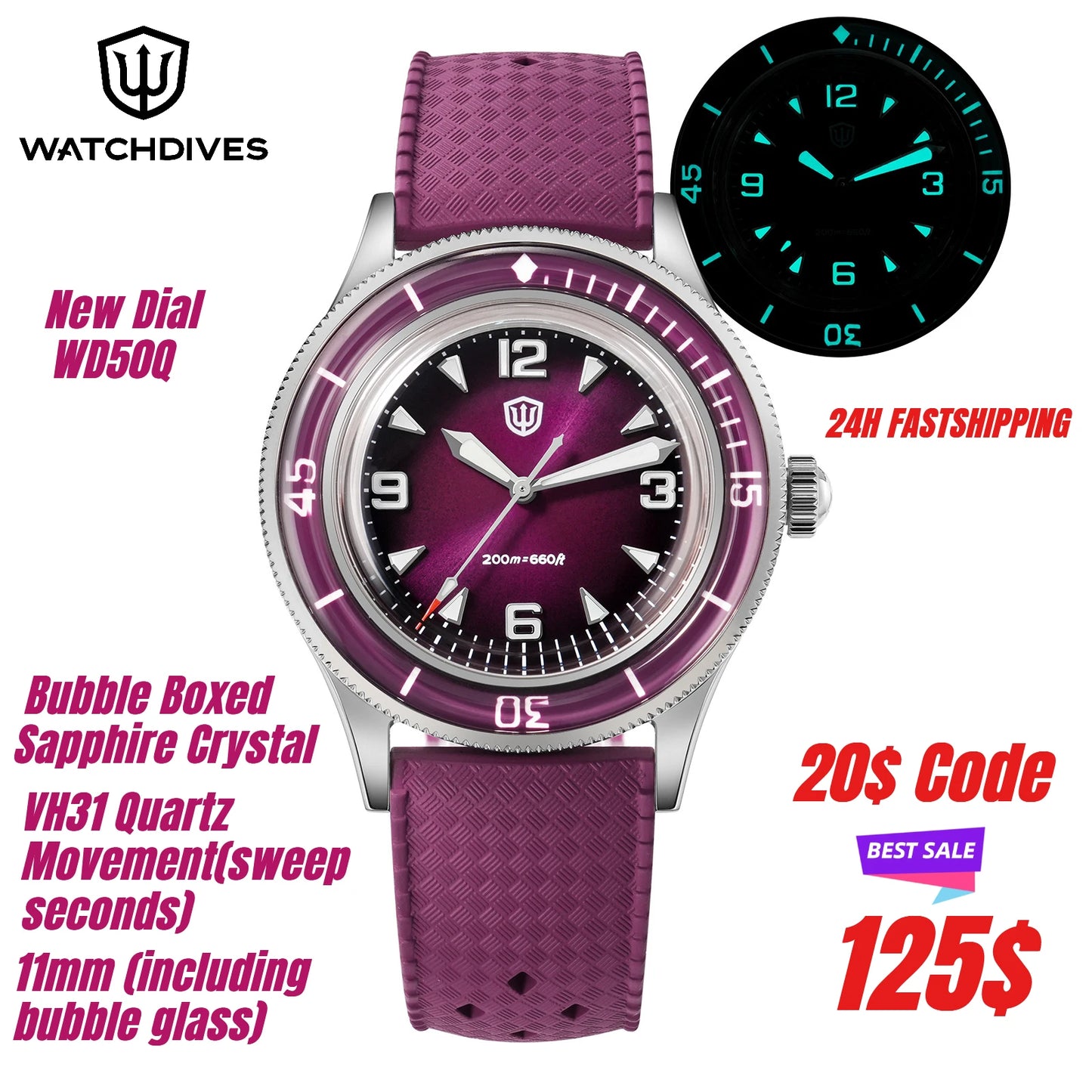 Watchdives WD50Q 38mm Watch Stainless Stee VH31 Sweep Seconds Quartz Movement Men Watches Bubble Sapphire Luminous Waterproof