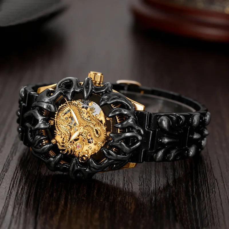 A men's yellow and black retro style classical irregular dragon patterned tourbillon mechanical watch