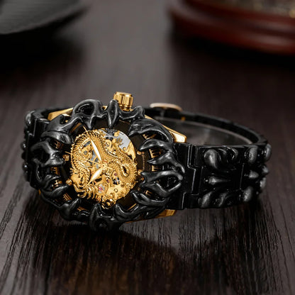 A men's yellow and black retro style classical irregular dragon patterned tourbillon mechanical watch