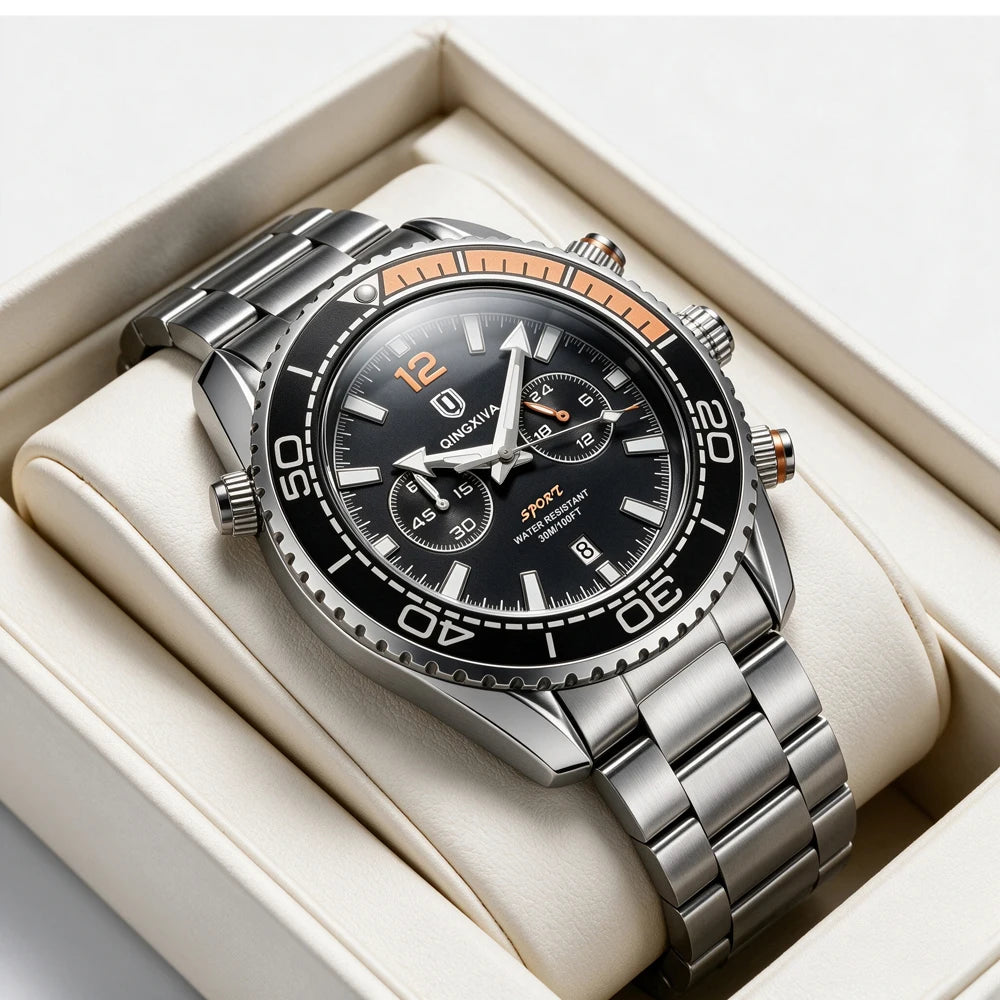 Luxus-Armbanduhr für Herren der Marke QINGXIYA, wasserdichter Sport-Chronograph mit beleuchtetem Datum, lässige Quarzuhr für Herren