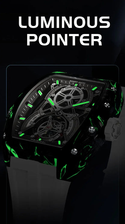 BONEST GATTI Men Automatic Mechanical Watch Skeleton Dial Sapphire Crystal Fluororubber Strap Waterproof Luminous Business watch