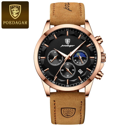 Montre-bracelet de luxe élégante pour homme POEDAGAR, étanche, chronographe, date lumineuse, bracelet en cuir, mouvement à quartz, montre de sport pour homme