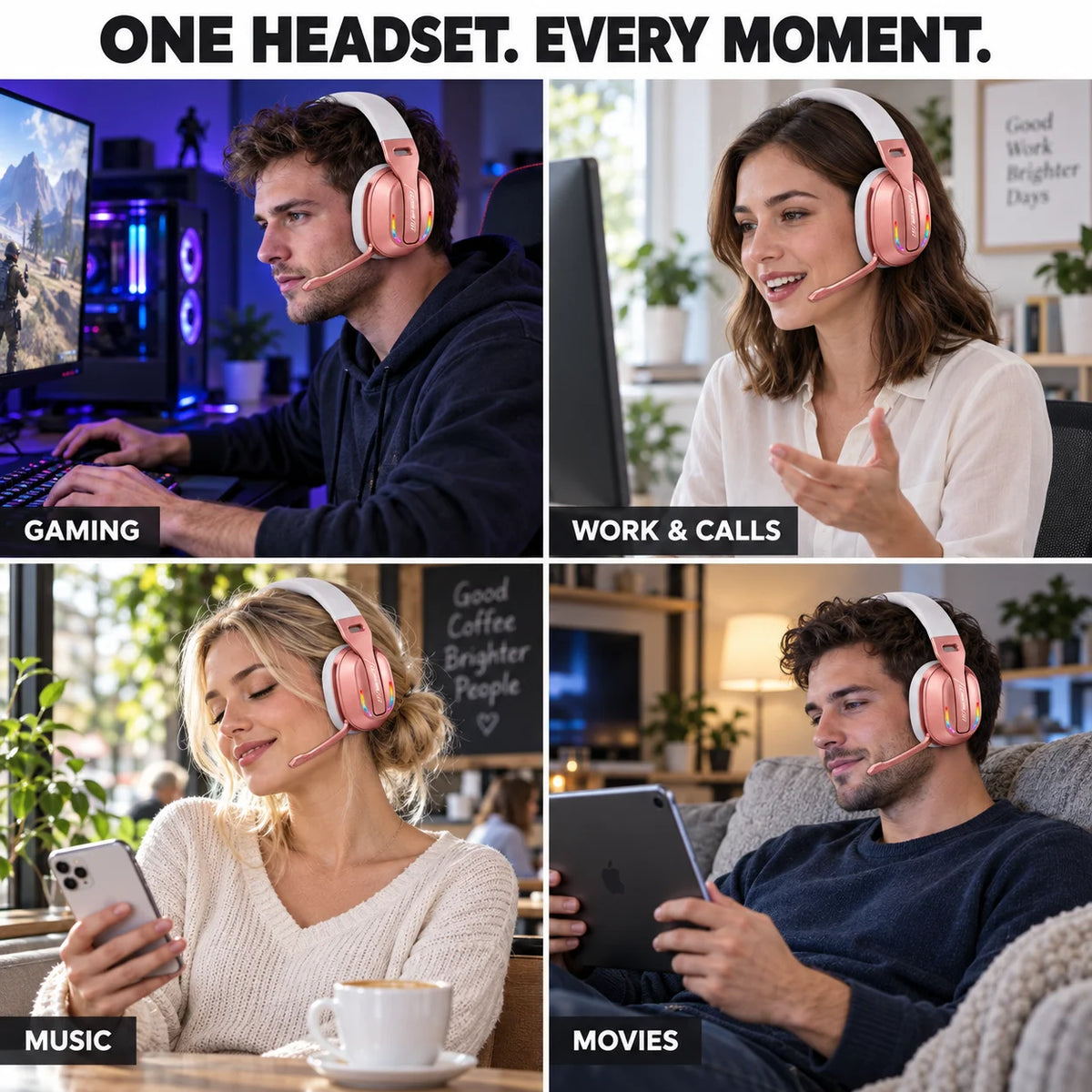 Casque de jeu, casque supra-auriculaire Bluetooth et filaire avec éclairage RGB, microphone, coussinets d’oreille souples pour jeux sur PC et mobile, couleur or rose.