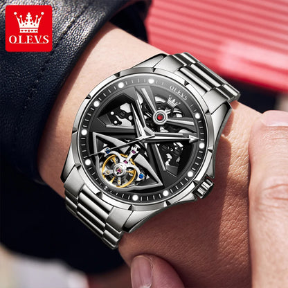 Reloj para hombre OLEVS 6655, modelo esqueleto totalmente automático; reloj de pulsera mecánico de lujo, luminiscente y resistente al agua.