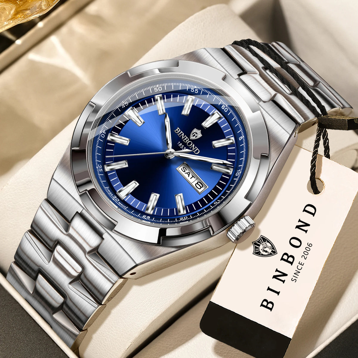 Relojes de cuarzo BINBOND de acero inoxidable para hombre – Reloj de lujo, resistente al agua y luminiscente – Modelo original para hombre
