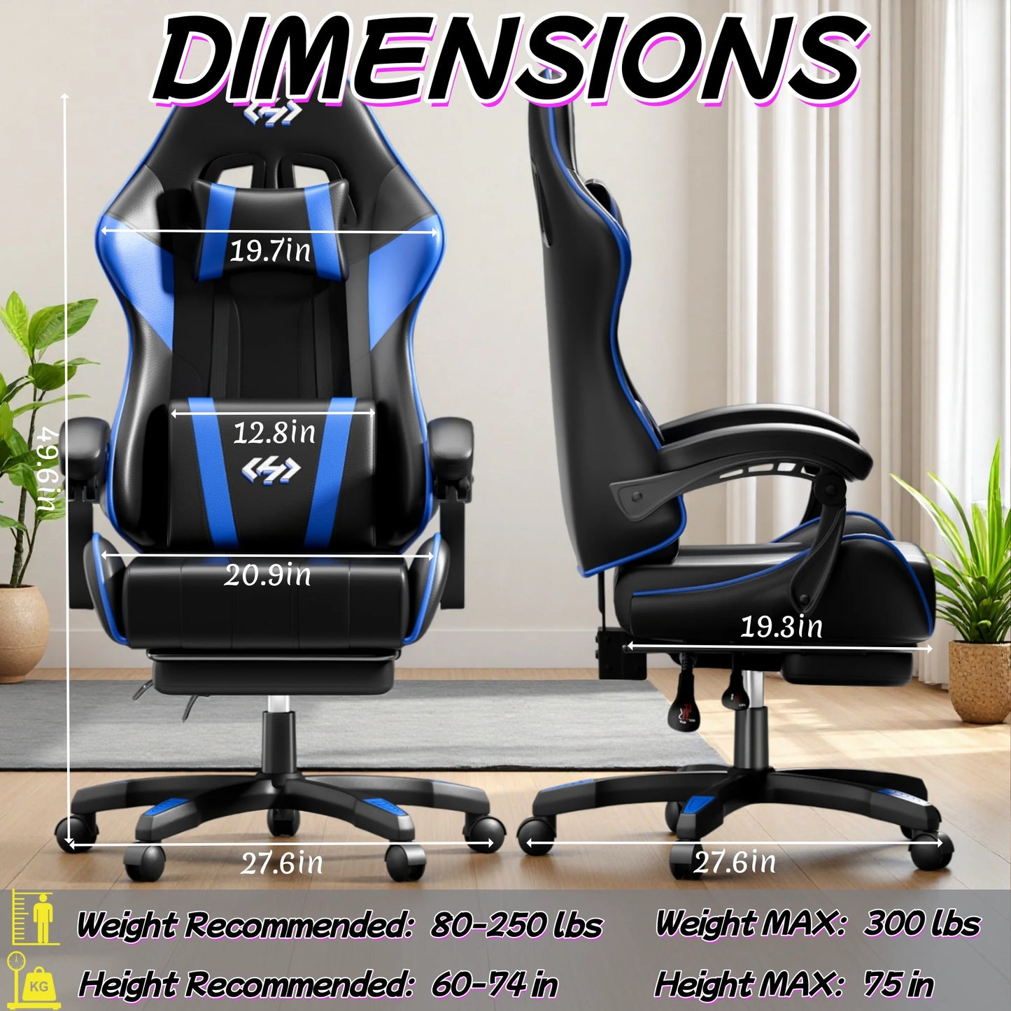 Ergonomic Gaming Chair, Computer Office Chair with Footrest Headrest, Adjustable Height & Backrest Office Chair for Adult
