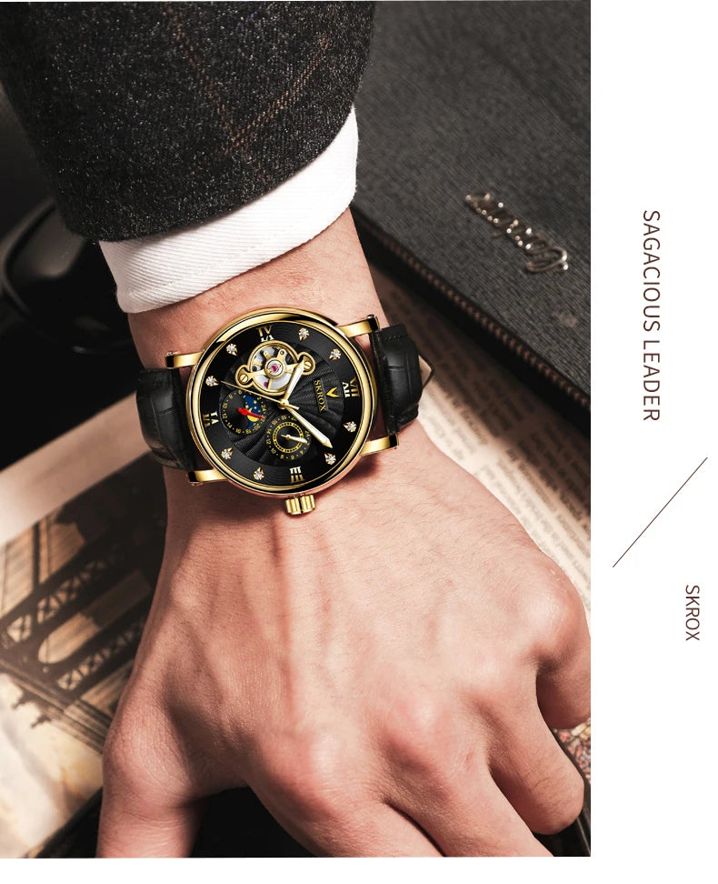 Montre mécanique automatique de luxe pour homme, signée par une grande marque, dotée d'un tourbillon, d'une phase de lune et de diamants – une montre-bracelet élégante.