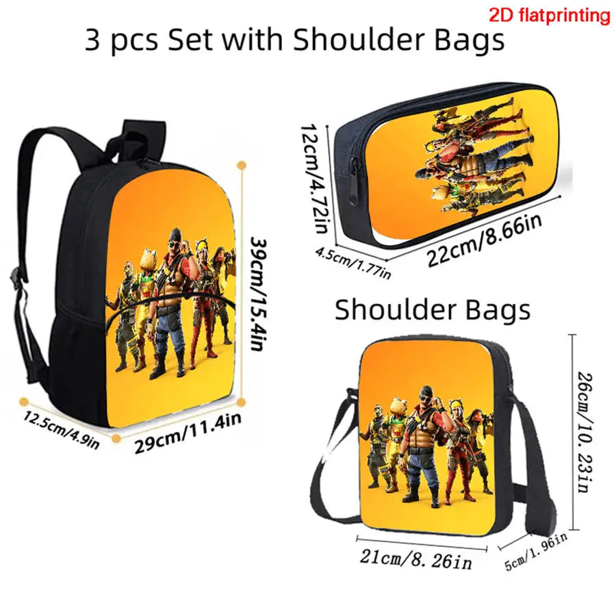 FORTNITE 3Pcs Lightweight Backpack With Front Pocket,Crossbody Bag&Pencil Case For Age 5-9 Boys Girls,Free 3D Printed Keychain.