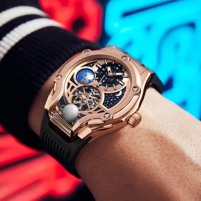 HANBORO Rose Gold Starry Sky Hollow Flywheel Moon Phase Automatic Mechanical Watch Luxury Space Theme Sports Watch 980