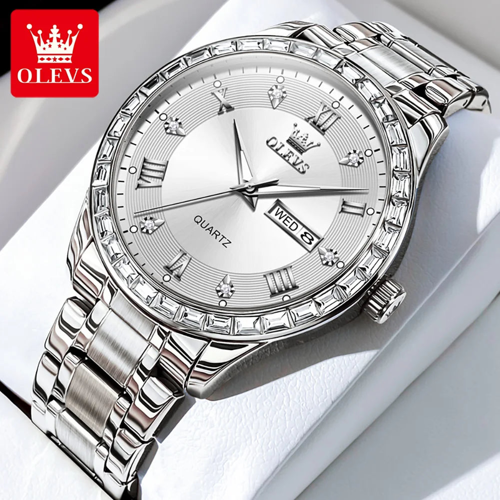 Reloj de cuarzo para hombre OLEVS 9906, modelo cuadrado adornado con diamantes, correa de acero inoxidable, hermético, con doble calendario; un reloj de pulsera de lujo, original, ideal para el ámbito profesional.