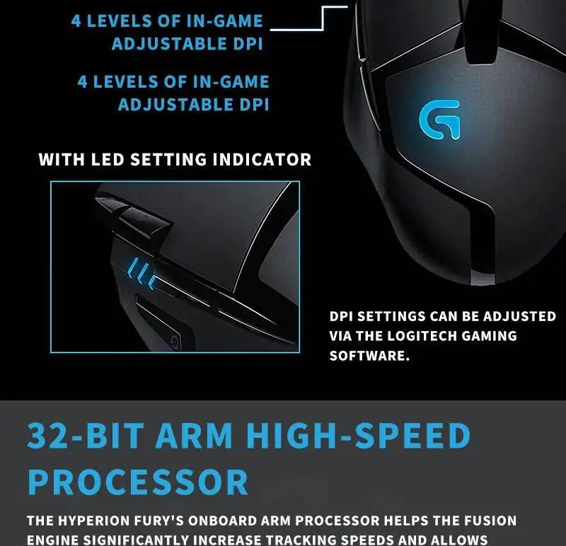 Logitech G402 Gaming Mouse Fusion Engine Tech 4 DPI Settings 32-Bit Processor Anti-Slip for Professional Competitive Gaming