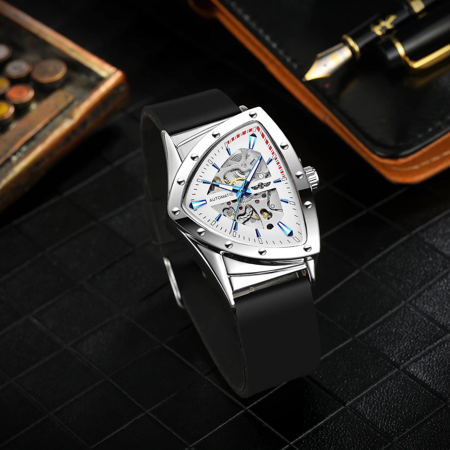 WINNER High Quality Watch for Men Triangle Steel Skeleton Mechanical Automatic Movement Clockwork Waterproof Rubber strap Wrist