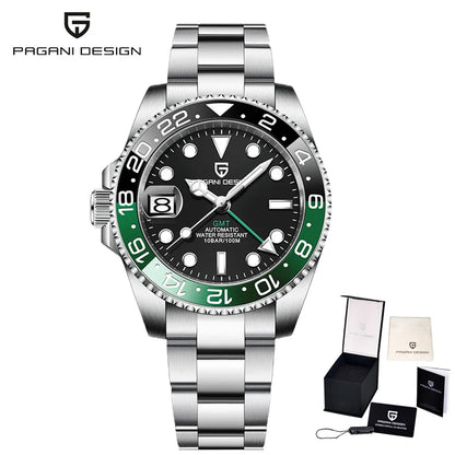 Montre mécanique pour homme Pagani Design GMT – Modèle de luxe avec verre saphir, boîtier en acier inoxydable et lunette en céramique – Montre automatique pour homme, style professionnel
