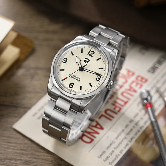 Watchdives WD1960S V2 Orologio al quarzo da 36,5 mm VH31 con lancetta dei secondi a scorrimento, stile vintage, vetro zaffiro, BGW9, luminescente, impermeabile fino a 100 m, acciaio