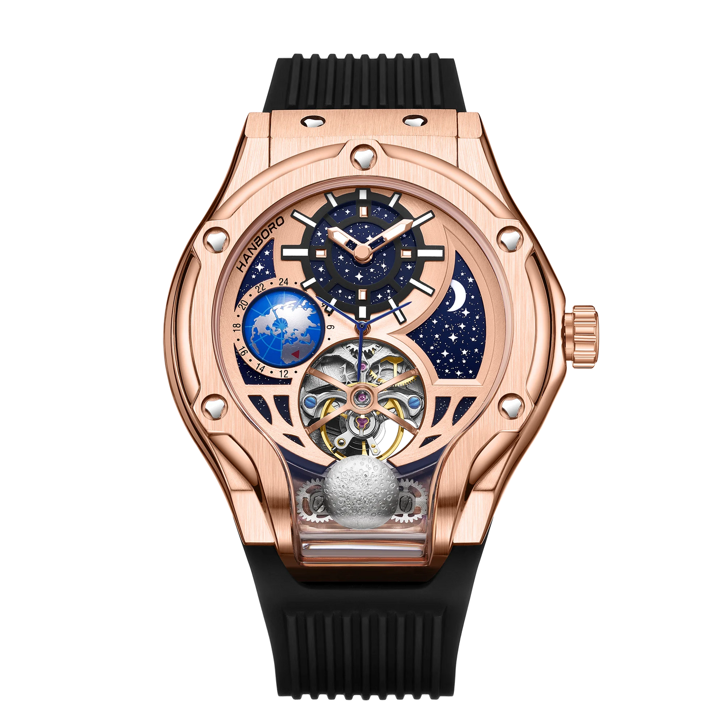 HANBORO Rose Gold Starry Sky Hollow Flywheel Moon Phase Automatic Mechanical Watch Luxury Space Theme Sports Watch 980
