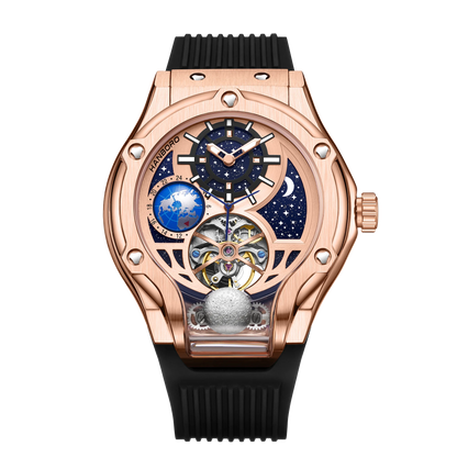 HANBORO Rose Gold Starry Sky Hollow Flywheel Moon Phase Automatic Mechanical Watch Luxury Space Theme Sports Watch 980
