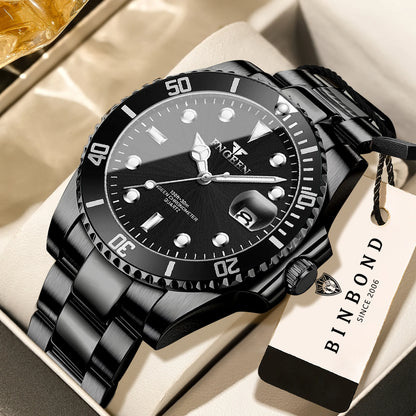 Montre-bracelet à quartz FNGEEN Son Brand de BINBOND avec bracelet en acier inoxydable pour homme, lumineuse et étanche, de luxe.