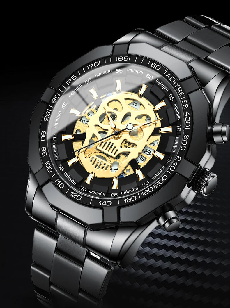 Montre-bracelet BINBOND pour homme, motif crâne squelette, à quartz précis, luxueuse, lumineuse, étanche, avec date automatique, robuste.