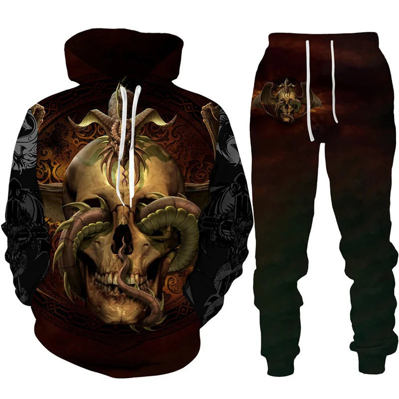 Dres z nadrukiem 3D Retro Dragon Tattoo dla mężczyzn i kobiet, casualowy zestaw z bluzą z kapturem + spodnie, 2 części, oversize, modna odzież męska
